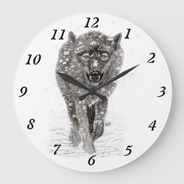Angry Black Wolf in the Snow , wild Winter Large Clock (Front)