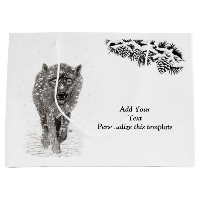 Angry Black Wolf in the Snow , wild Winter Large Gift Bag (Front)