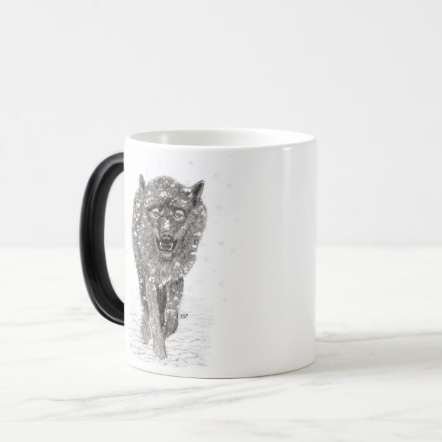 Angry Black Wolf in the Snow , wild Winter Magic Mug (Front Left)