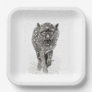Angry Black Wolf in the Snow , wild Winter Paper Plate