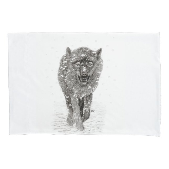 Angry Black Wolf in the Snow , wild Winter Pillowcase (Front)