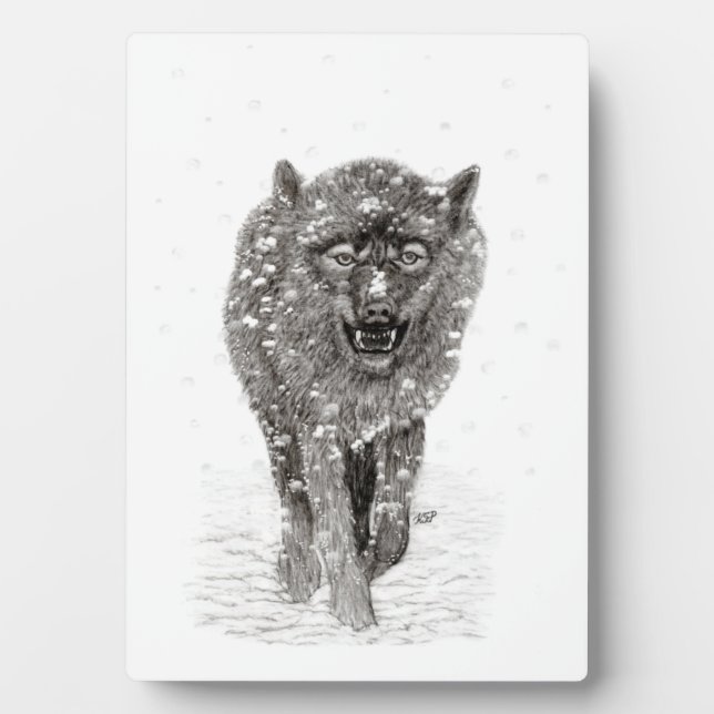 Angry Black Wolf in the Snow , wild Winter Plaque (Front)