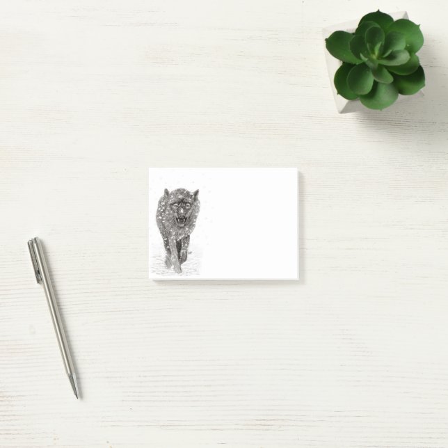 Angry Black Wolf in the Snow , wild Winter Post-it Notes (Office)