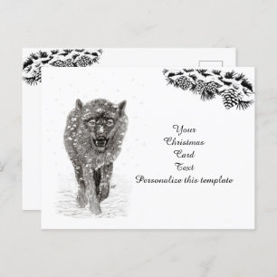 Angry Black Wolf in the Snow , wild Winter Postcard