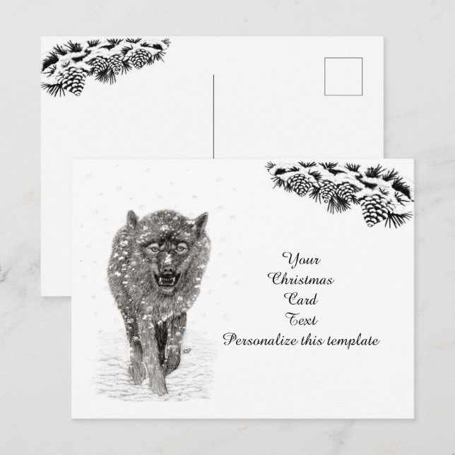 Angry Black Wolf in the Snow , wild Winter Postcard (Front/Back)
