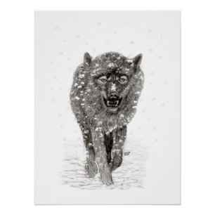 Angry Black Wolf in the Snow , wild Winter Poster