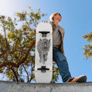 Angry Black Wolf in the Snow , wild Winter Skateboard