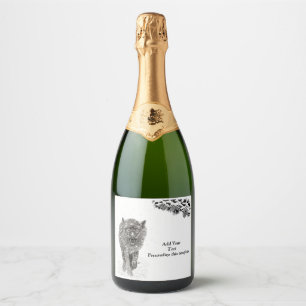 Angry Black Wolf in the Snow , wild Winter Sparkling Wine Label