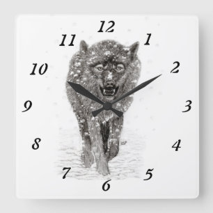 Angry Black Wolf in the Snow , wild Winter Square Wall Clock