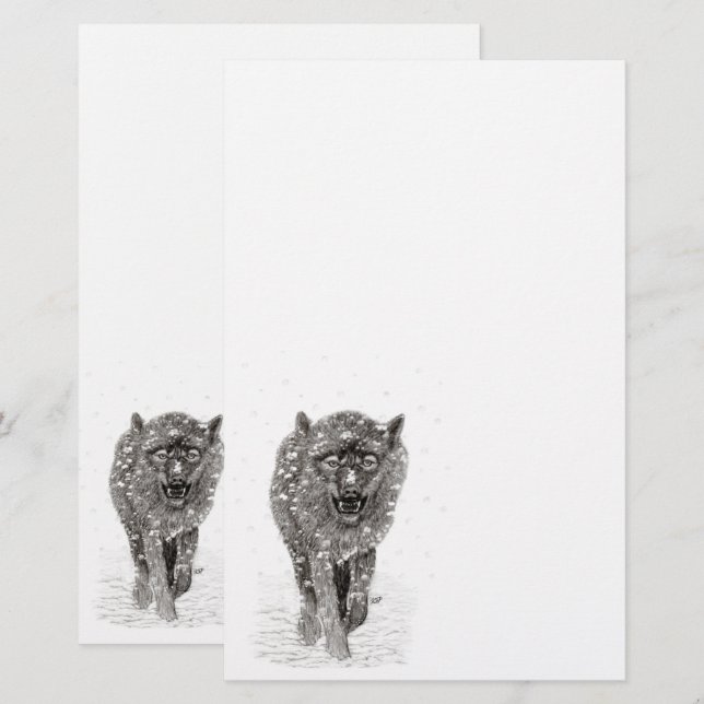 Angry Black Wolf in the Snow , wild Winter Stationery (Front/Back)