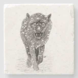 Angry Black Wolf in the Snow , wild Winter Stone Coaster