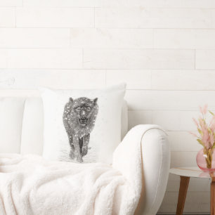 Angry Black Wolf in the Snow , wild Winter Throw Pillow
