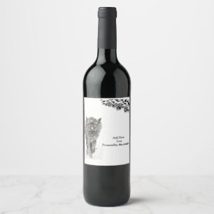 Angry Black Wolf in the Snow , wild Winter Wine Label