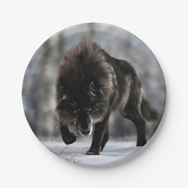 Angry black wolf paper plate (Front)