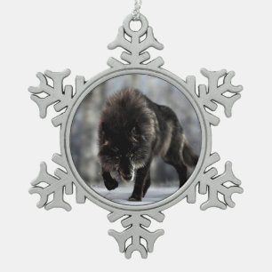 Angry black wolf snowflake pewter christmas ornament