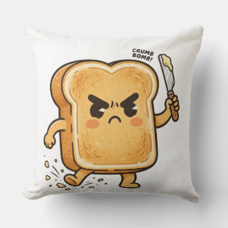 Angry cartoon toast character holding a butter kni throw pillow