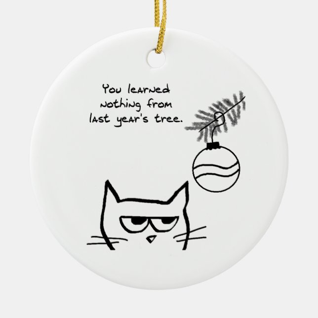 Angry Cat and the Christmas Tree. Ceramic Ornament (Front)