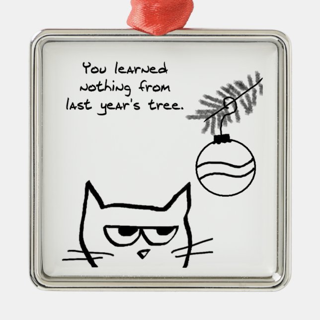 Angry Cat and the Christmas Tree. Metal Ornament (Front)