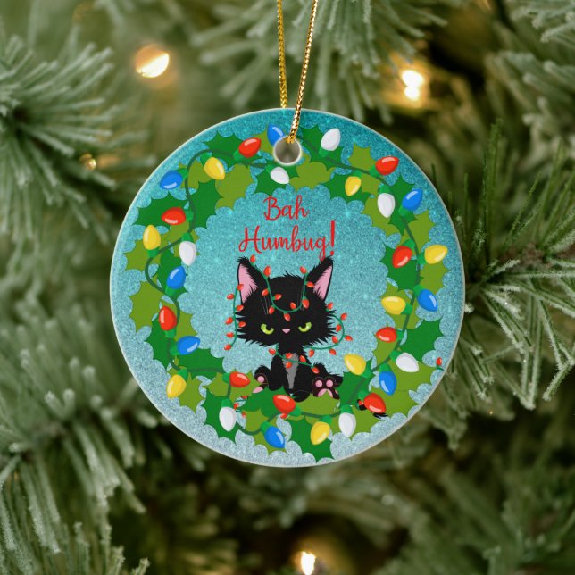 Angry Cat Bah Humbug Ceramic Ornament (Tree)