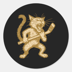 Angry Cat Hockey Retro Ice Byttle Feline Sports Ar Classic Round Sticker