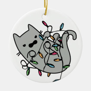 Angry Cat Tangled in Christmas Lights Cartoon Ceramic Ornament