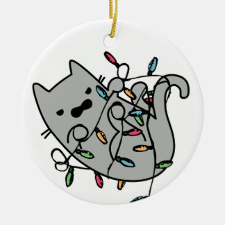 Angry Cat Tangled in Christmas Lights Cartoon Ceramic Ornament