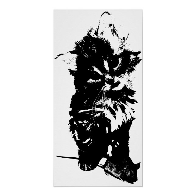 Angry Cat with Mouse Art Print | Minimalist Black  (Front)