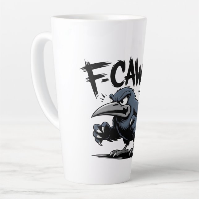 Angry Crow “F-CAW-F ” – Edgy Cartoon Bird Design Latte Mug (Left Angle)