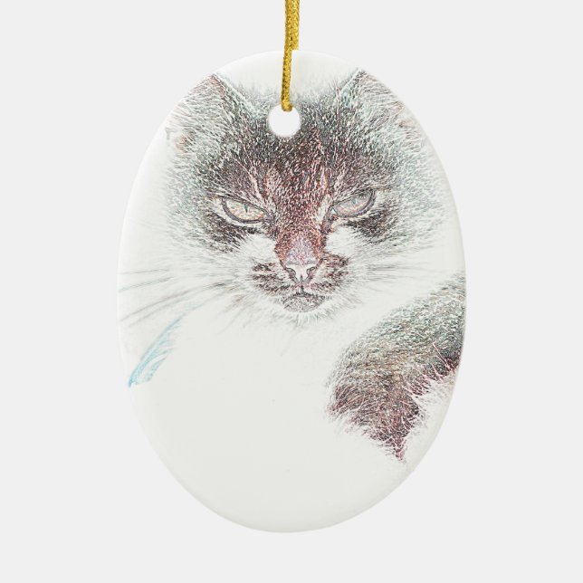 Angry Cute Cate Face Sketch Ceramic Ornament (Front)