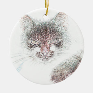Angry Cute Cate Face Sketch Ceramic Ornament