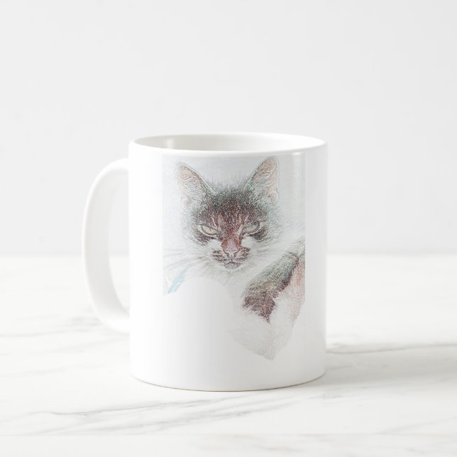 Angry Cute Cate Face Sketch Coffee Mug (Front Left)