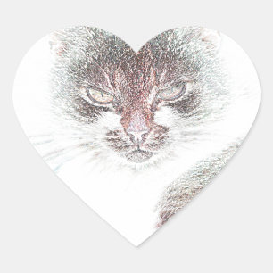 Angry Cute Cate Face Sketch Heart Sticker