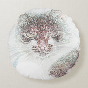 Angry Cute Cate Face Sketch Round Pillow
