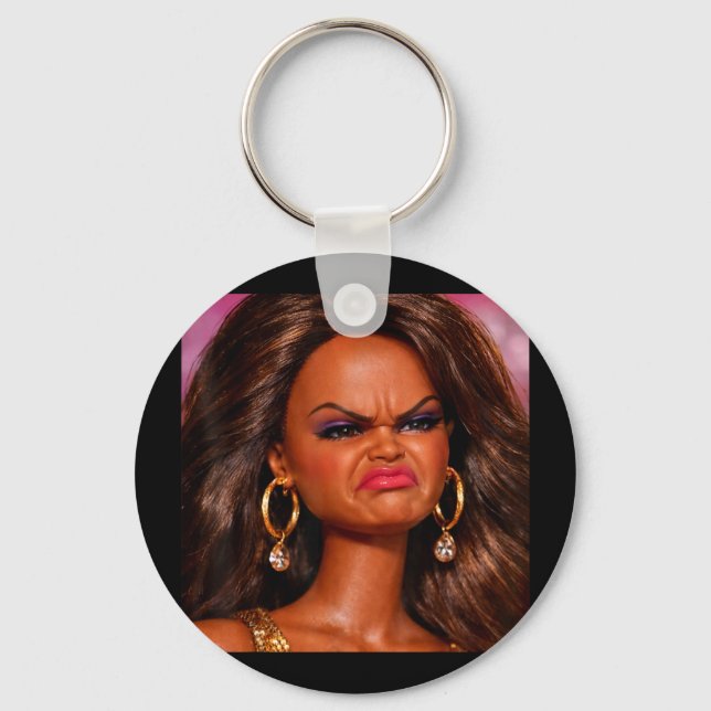 Angry disgusted black doll face meme reaction gen  keychain (Front)