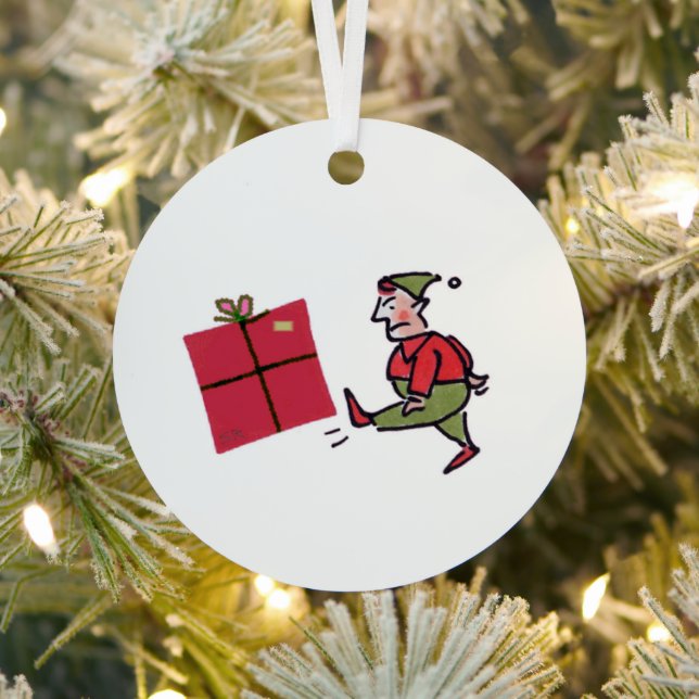 Angry Elf round metal ornament (Insitu)