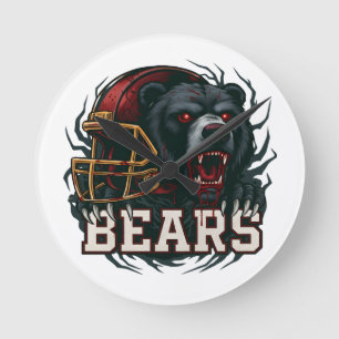 Angry Football Bear Mascot Red Helmet Game Day Round Clock
