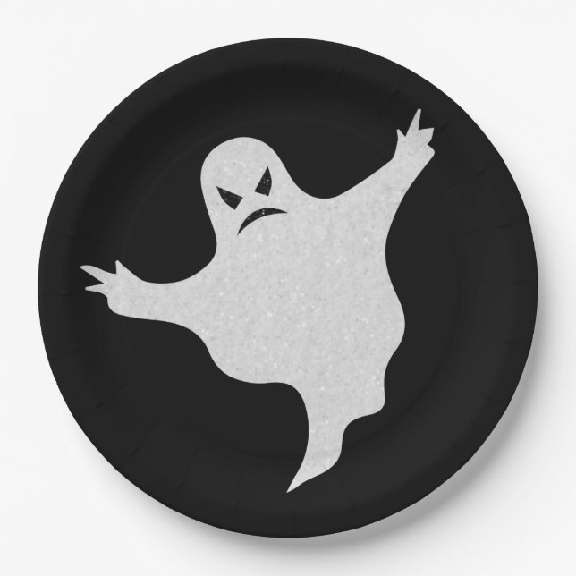 Angry Ghost Glitter Halloween Paper Plate (Front)