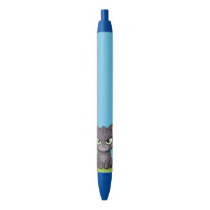 Angry gray little cat blue ink pen