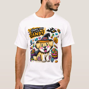 Angry Halloween Dog in Witch Hat Paws Off My Candy T-Shirt