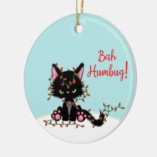 Angry Kitty Tangled Up In Lights Ceramic Ornament