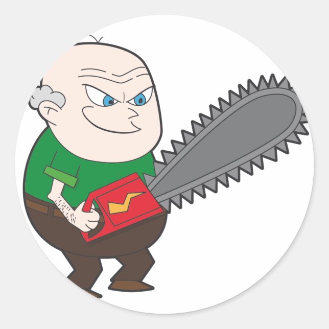 Angry man with chainsaw cartoon classic round sticker (Front)