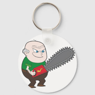 Angry man with chainsaw cartoon keychain