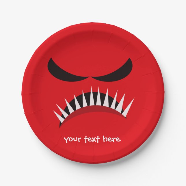 Angry Monster With Evil Eyes and Sharp Teeth Red Paper Plate (Front)