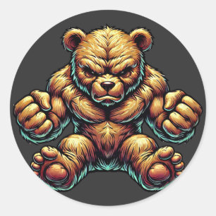 Angry Muscular Teddy bear colour illustration art  Classic Round Sticker