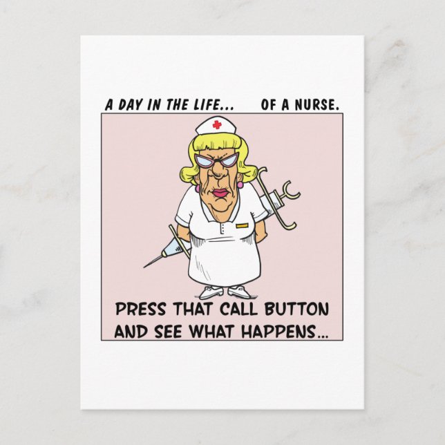 Angry Nurse Threatens Patients with Large Needle Postcard (Front)