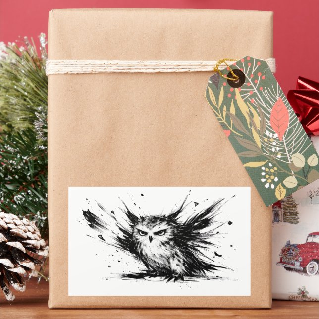 Angry Owl Explosive Ink Brushstroke Bird Design on Sticker (Holiday)