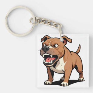 Angry Pitbull Cartoon Dog Brown Snarling Keychain