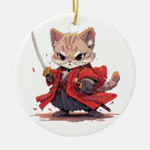 Angry Samurai style Cat Hero Ceramic Ornament