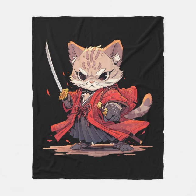 Angry Samurai style Cat Hero Fleece Blanket (Front)
