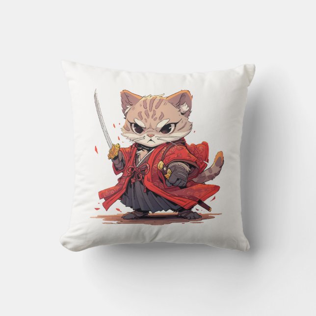 Angry Samurai style Cat Hero Throw Pillow (Front)
